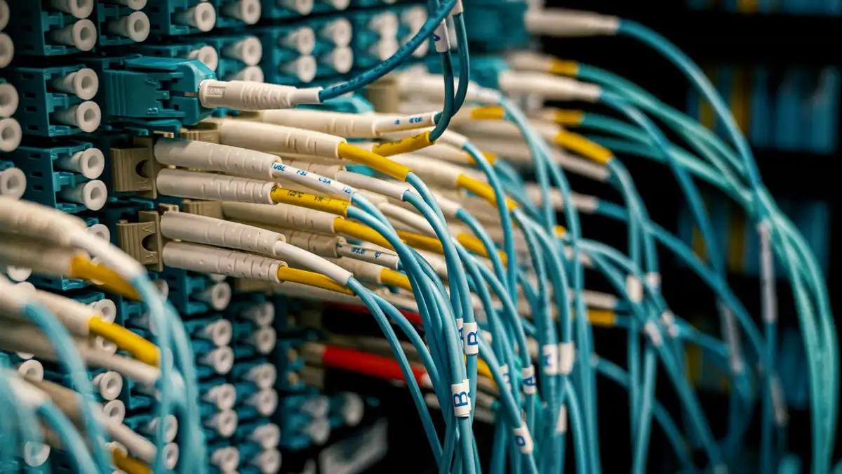 Gambar dekat kabel serat optik yang teratur di pusat data modern.