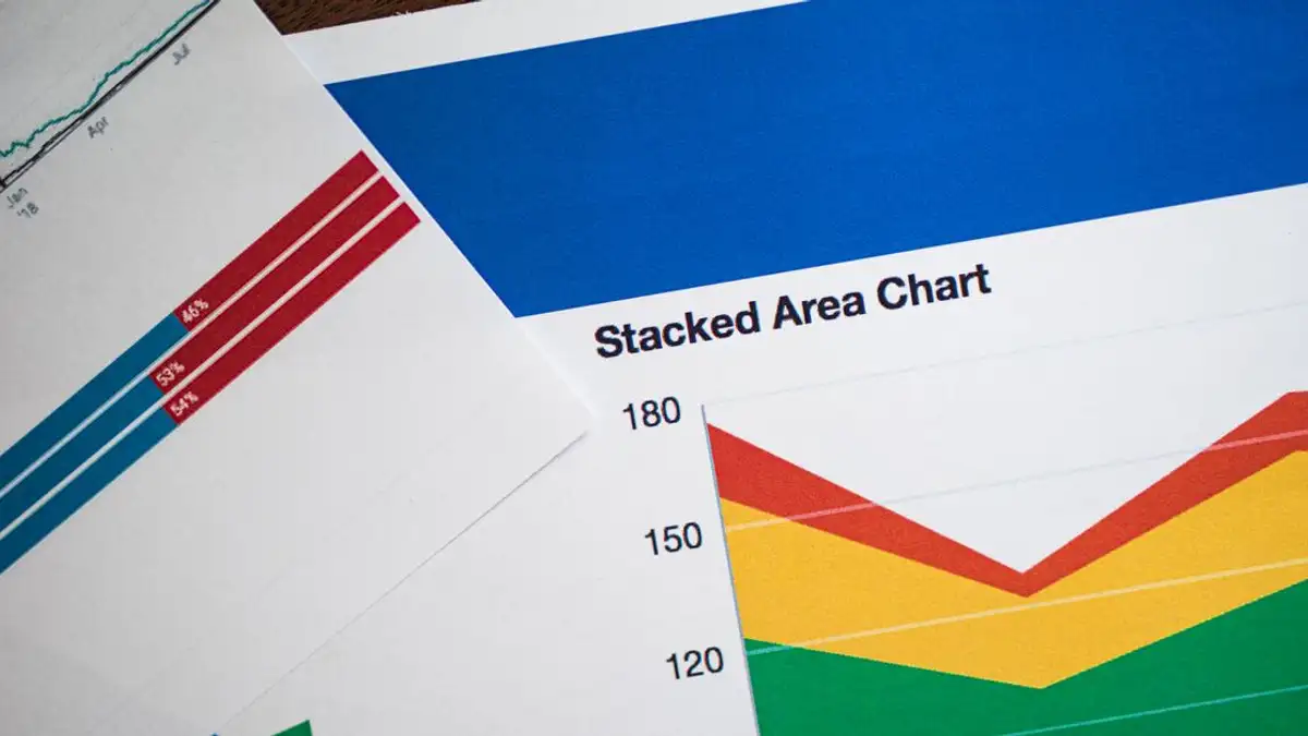 Grafik area bertumpuk yang terang dan grafik di kertas, menunjukkan analisis data.