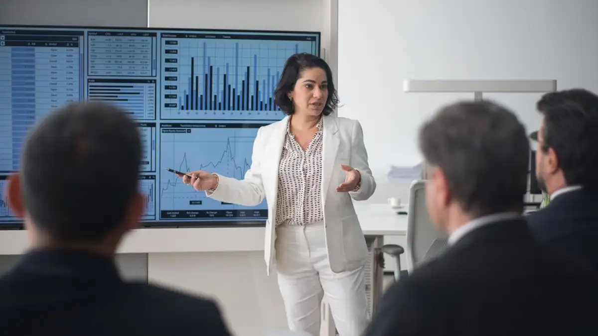 Wanita profesional mempresentasikan data pasar saham di lingkungan kantor modern.