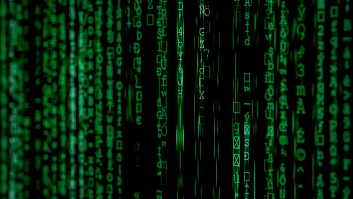 Latar belakang kode matrix hijau abstrak dengan gaya biner.