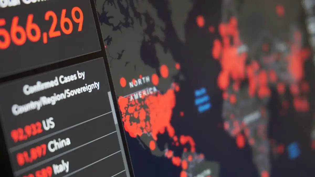 Visualisasi dinamis data kasus COVID-19 di seluruh dunia yang menyoroti hotspot infeksi.